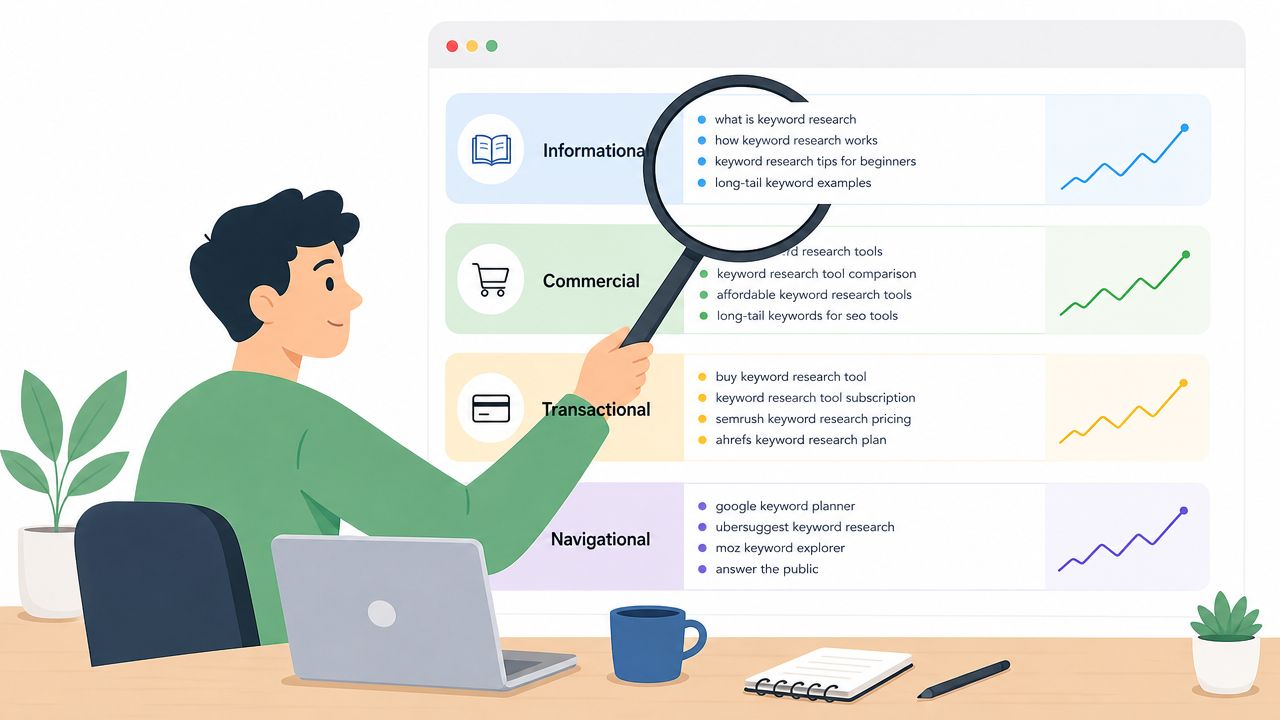 A professional analyzing different types of SEO keyword search intent categories on a computer screen.
