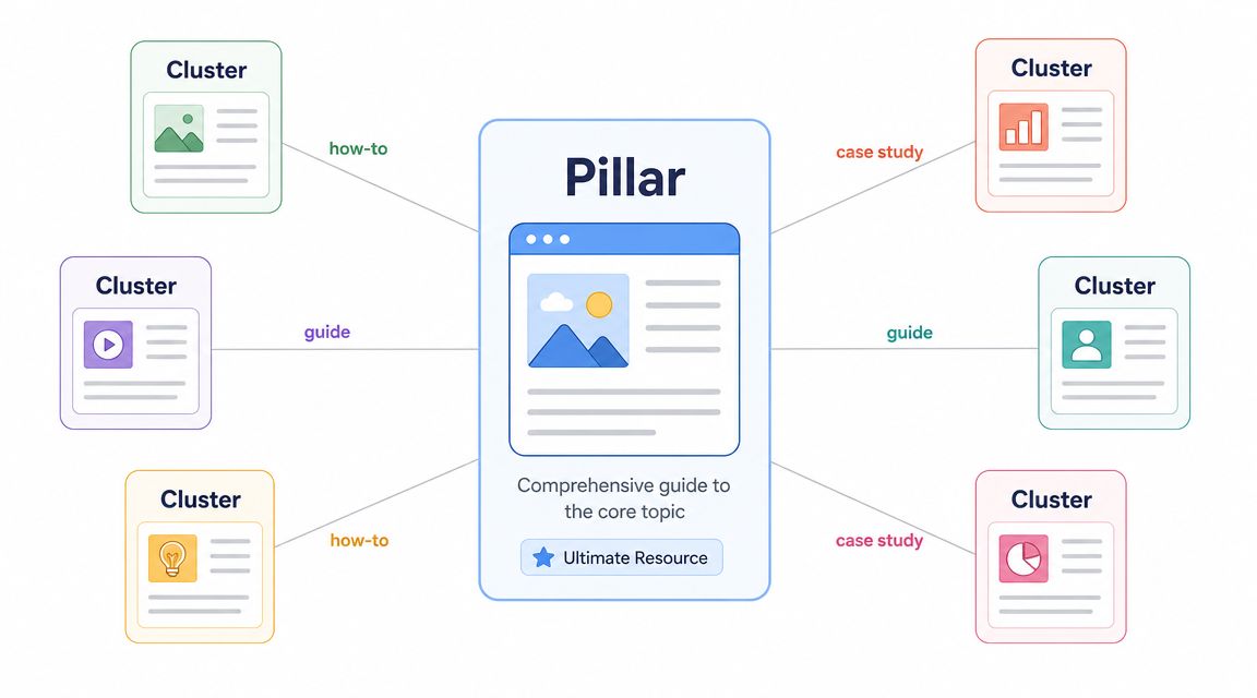 A diagram illustrating a pillar content page connected to six surrounding cluster content pages via various topics.