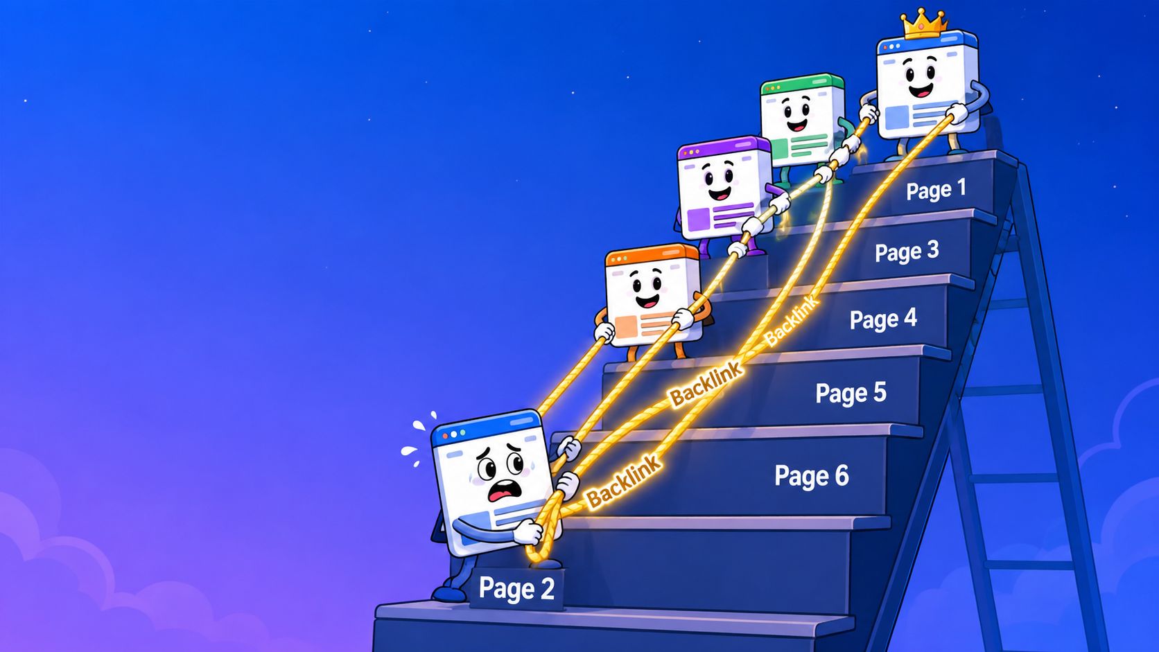 A cartoon illustration showing multiple web pages helping a struggling page climb steps via golden backlink ropes.