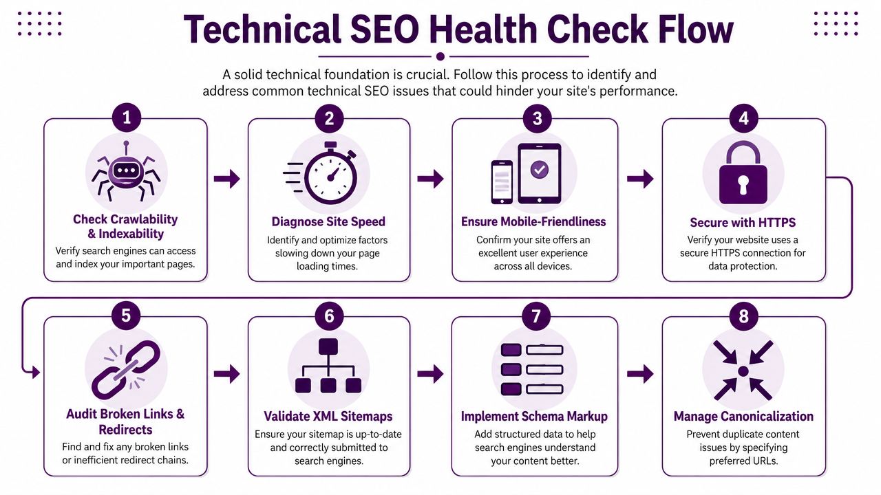 A flowchart infographic titled Technical SEO Health Check Flow outlining eight essential steps for website optimization.
