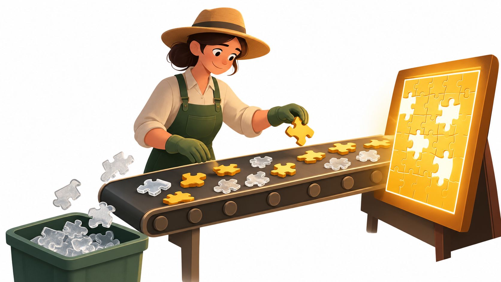 An illustration of a woman sorting golden puzzle pieces on a conveyor belt for a glowing puzzle board.