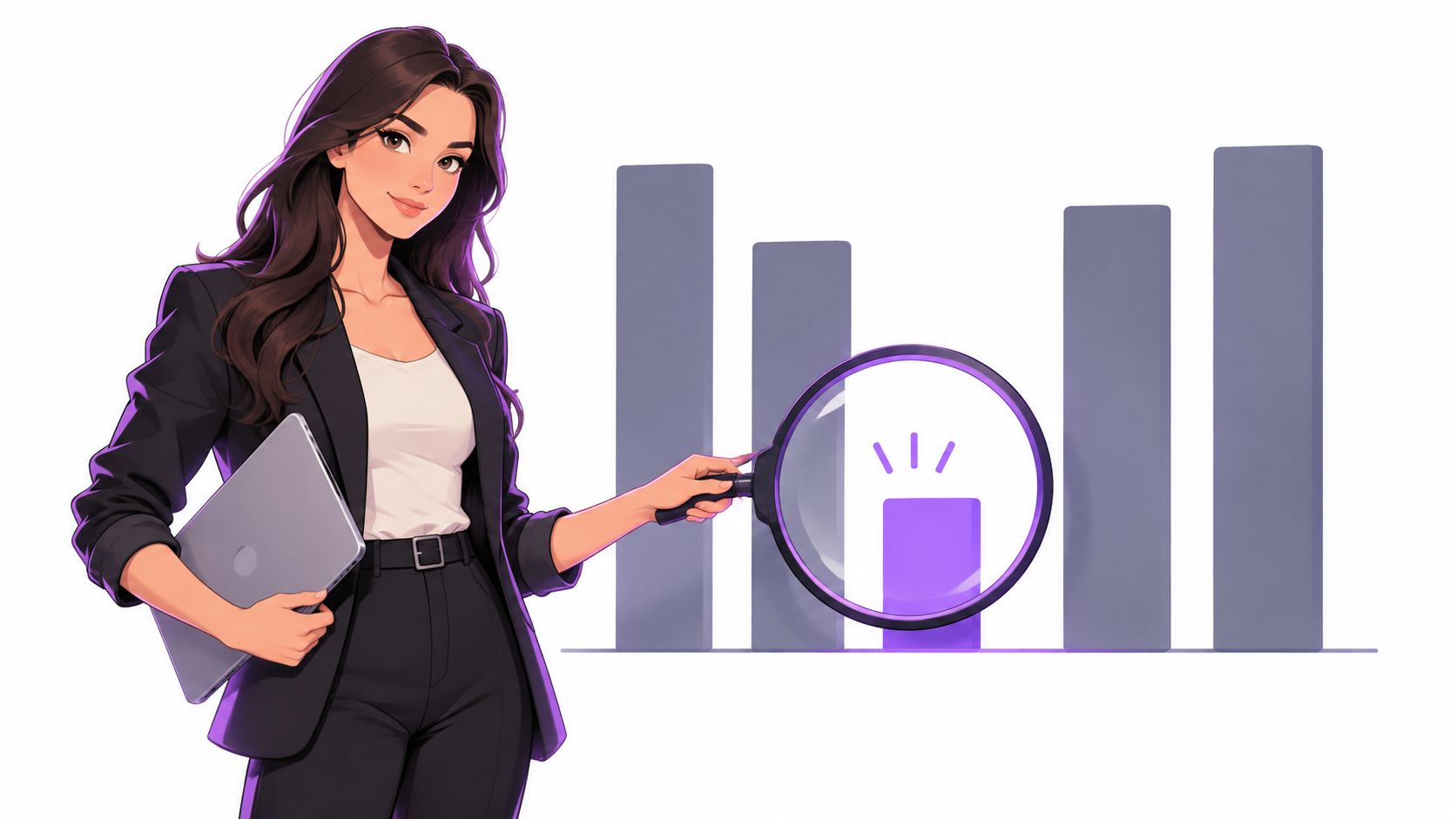 A professional woman in a business suit holding a laptop and using a magnifying glass to analyze charts.