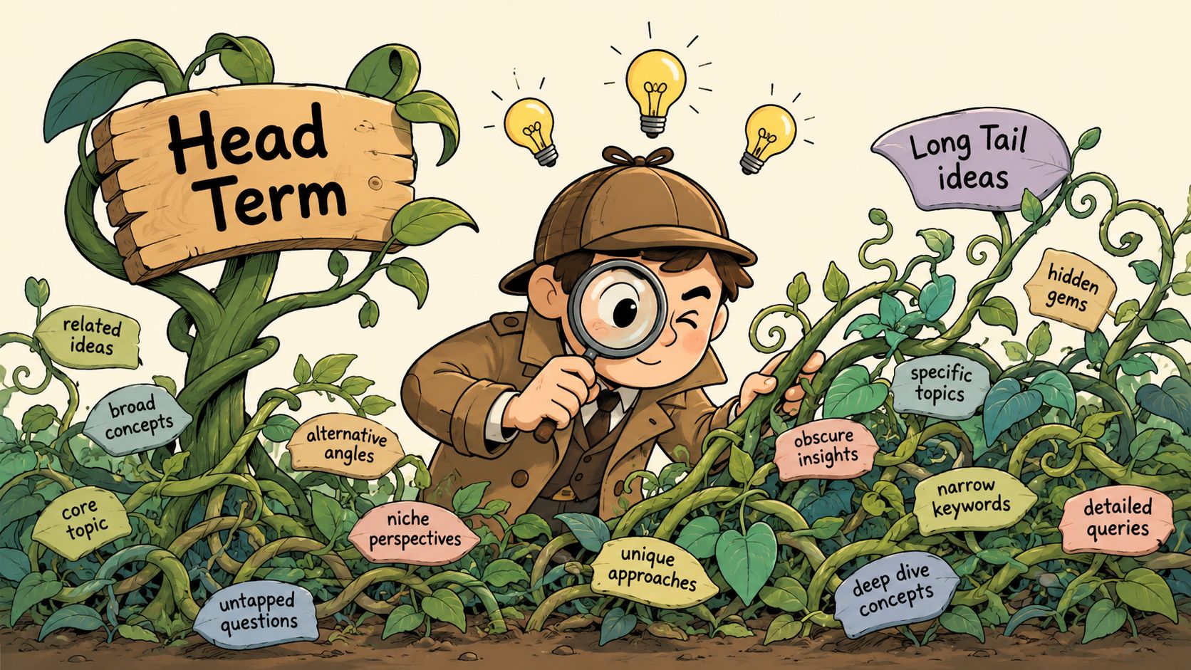 A detective character inspecting vine plants labeled with long tail keyword research concepts and ideas.