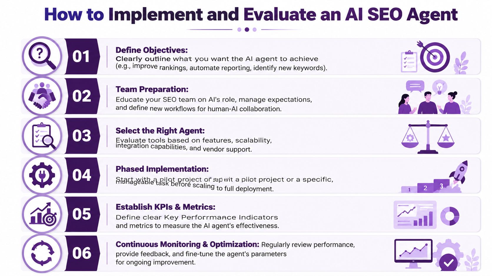 A six-step infographic guide explaining how to implement and evaluate an AI agent for SEO processes.