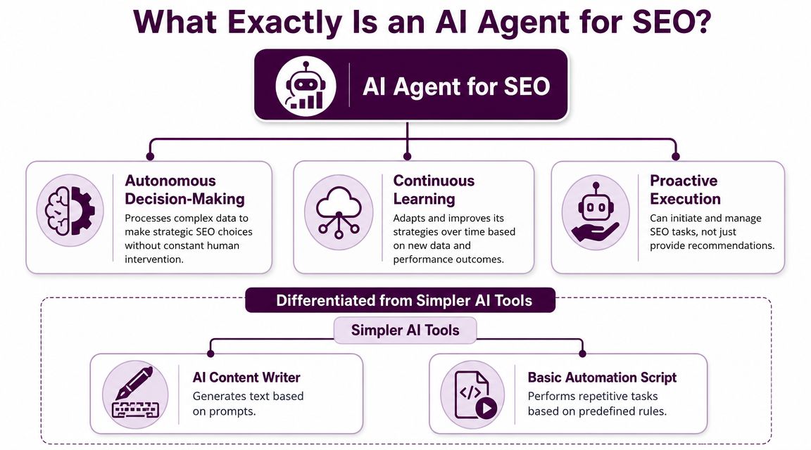 A diagram explaining the capabilities of an AI agent for SEO compared to simpler AI tools.