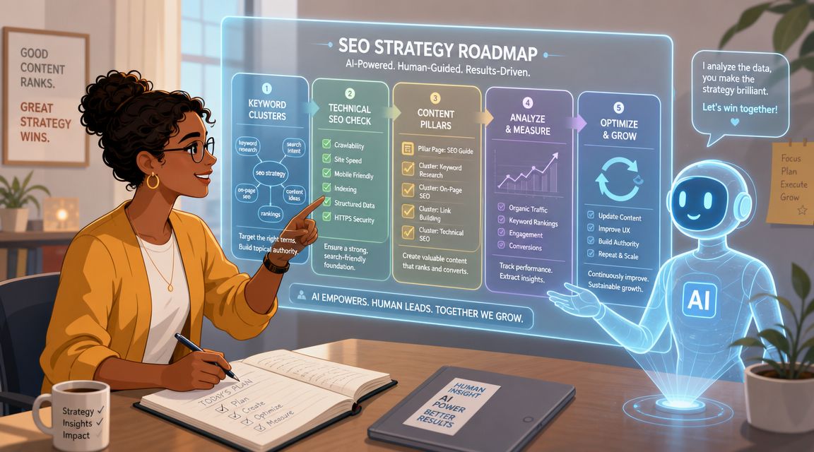 A woman collaborating with an AI robot on an SEO strategy roadmap infographic in a modern office.