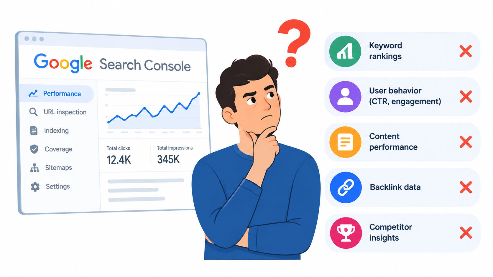 A confused marketer looking at Google Search Console data alongside various SEO tasks not covered by it.
