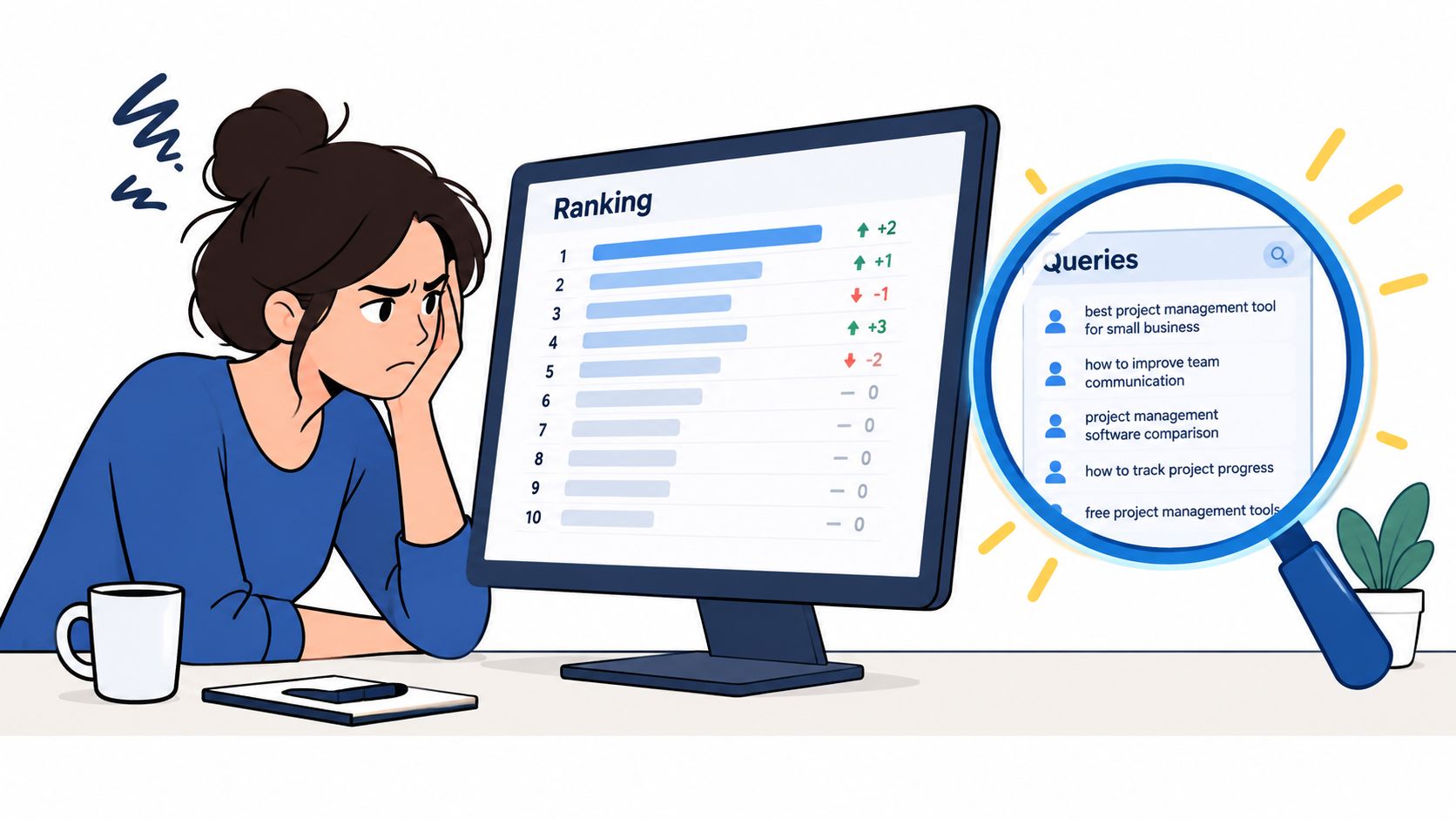 A concerned woman analyzing search ranking data and user queries on a computer screen for SEO purposes.