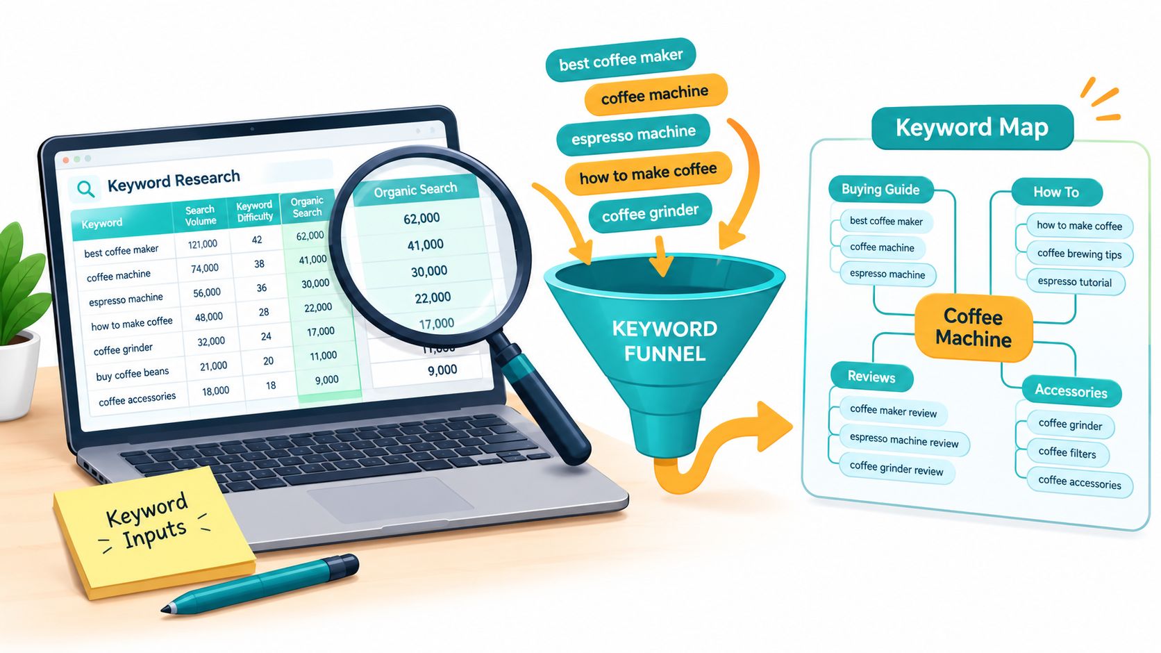 A digital illustration showing keyword research on a laptop, a funnel concept, and a structured keyword map.