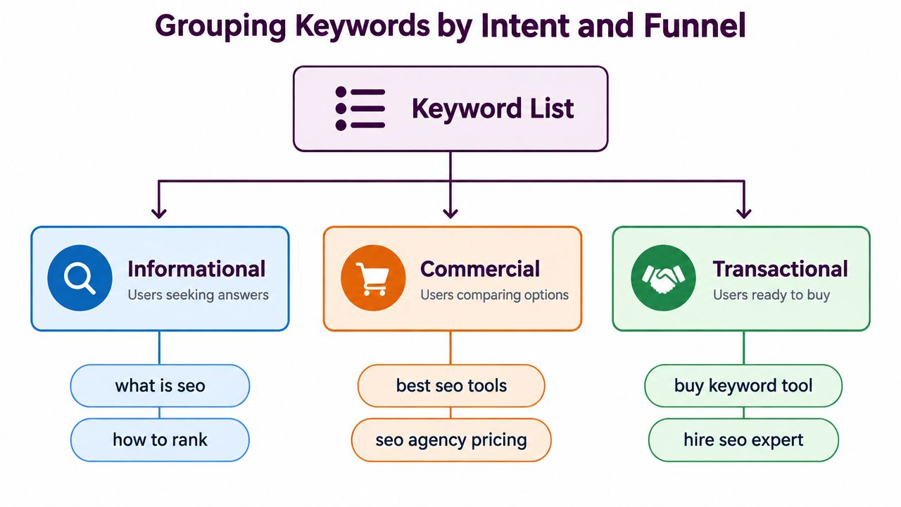 A diagram illustrating the process of grouping SEO keywords by user intent into informational, commercial, and transactional categories.