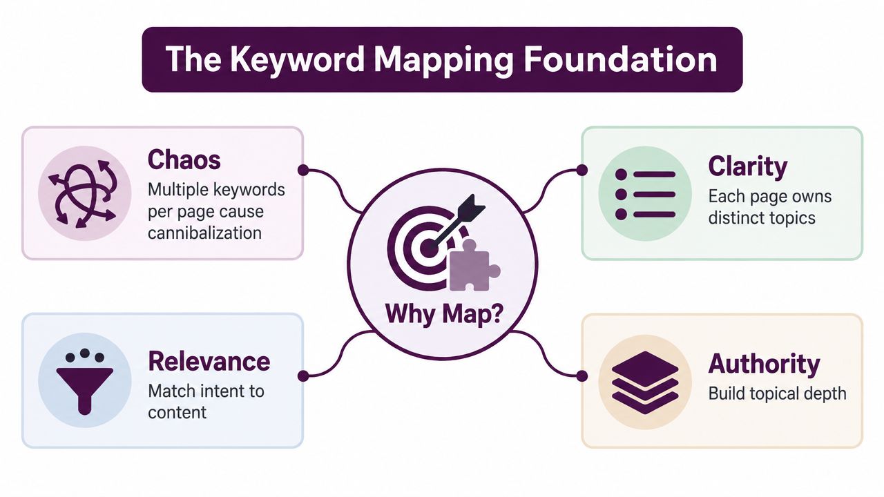 A diagram titled The Keyword Mapping Foundation explaining the benefits of mapping keywords for SEO strategy.