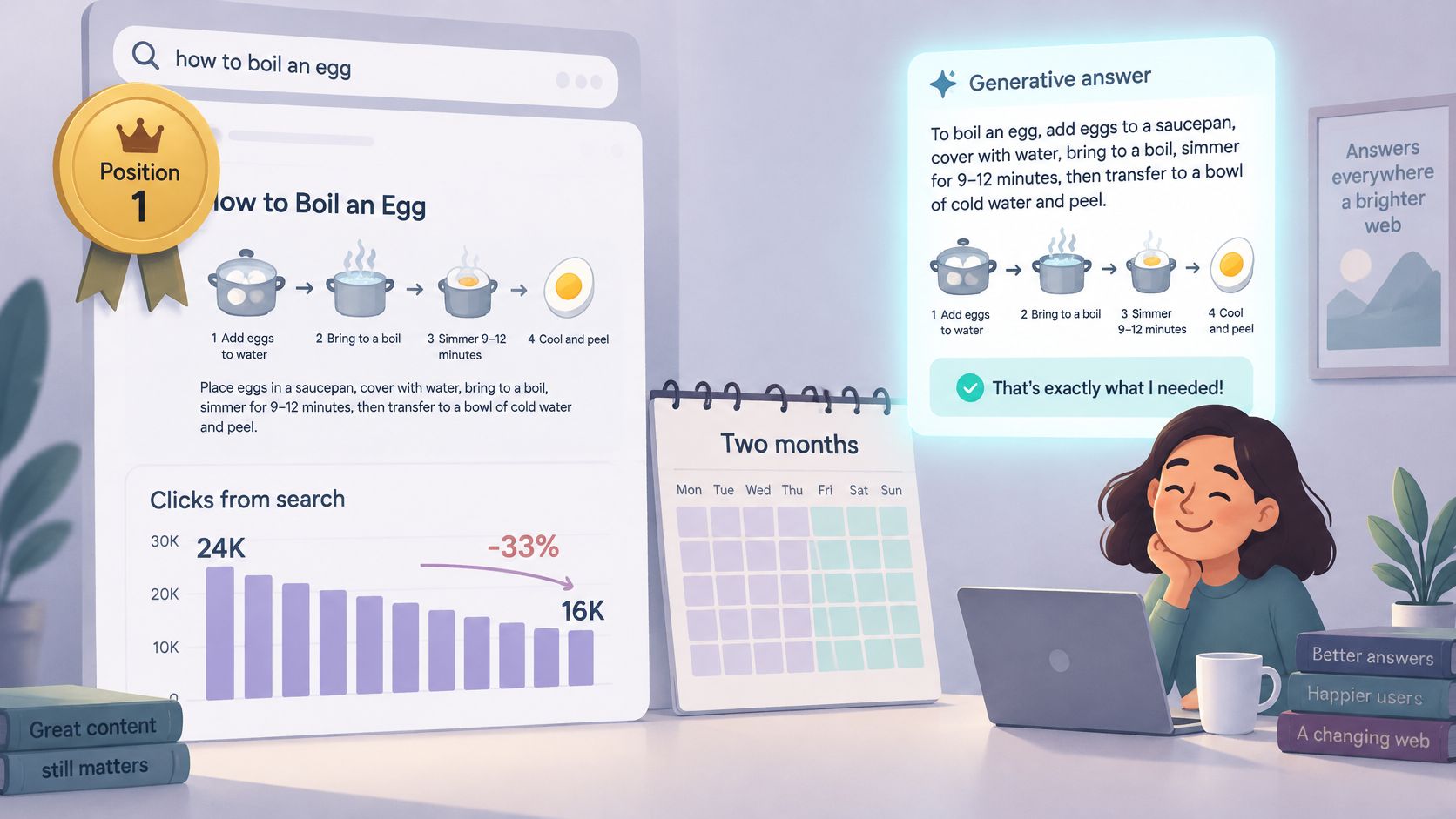 A digital illustration showing how generative search results impact website traffic and organic search positioning.