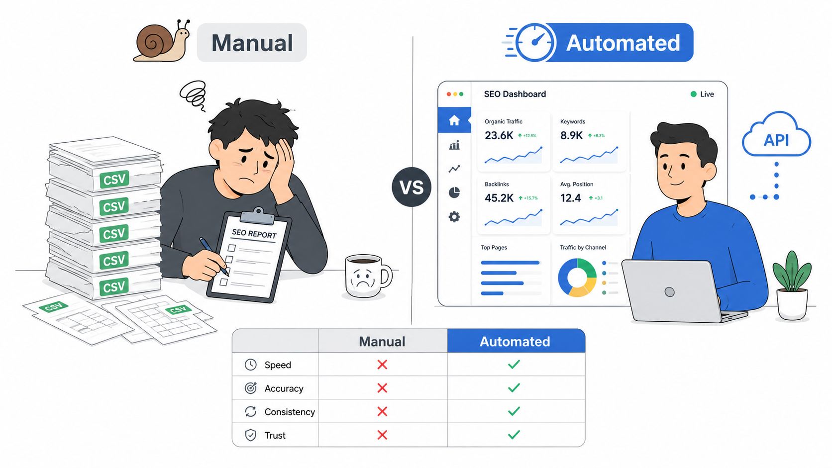 A comparison illustration showing manual SEO reporting versus an automated dashboard system with live data.