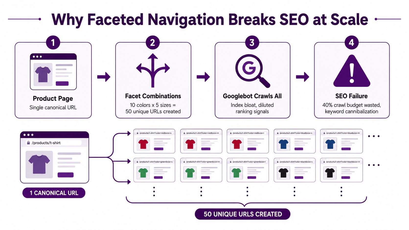 A flow chart illustrating how faceted navigation creates excessive unique URLs that harm SEO performance and crawl budget.