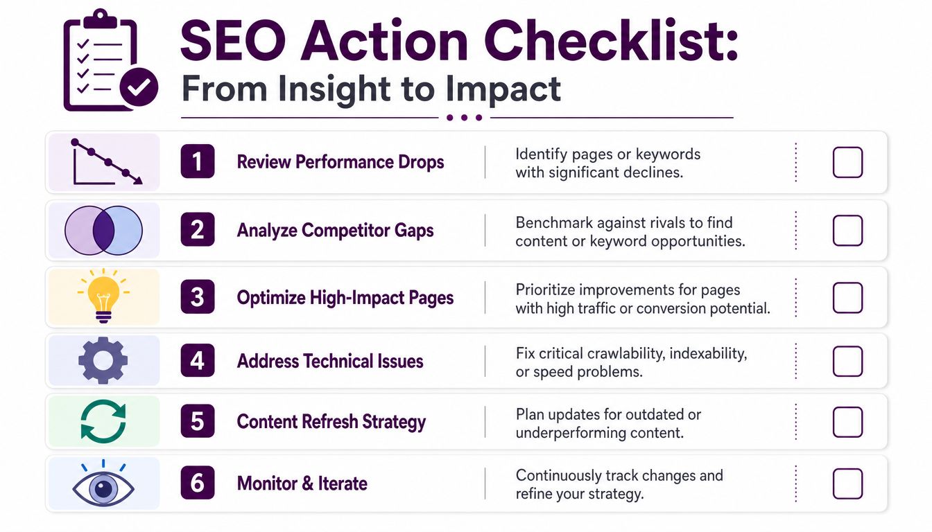 A six-step infographic titled SEO Action Checklist showcasing professional strategies for managing website performance and search rankings.