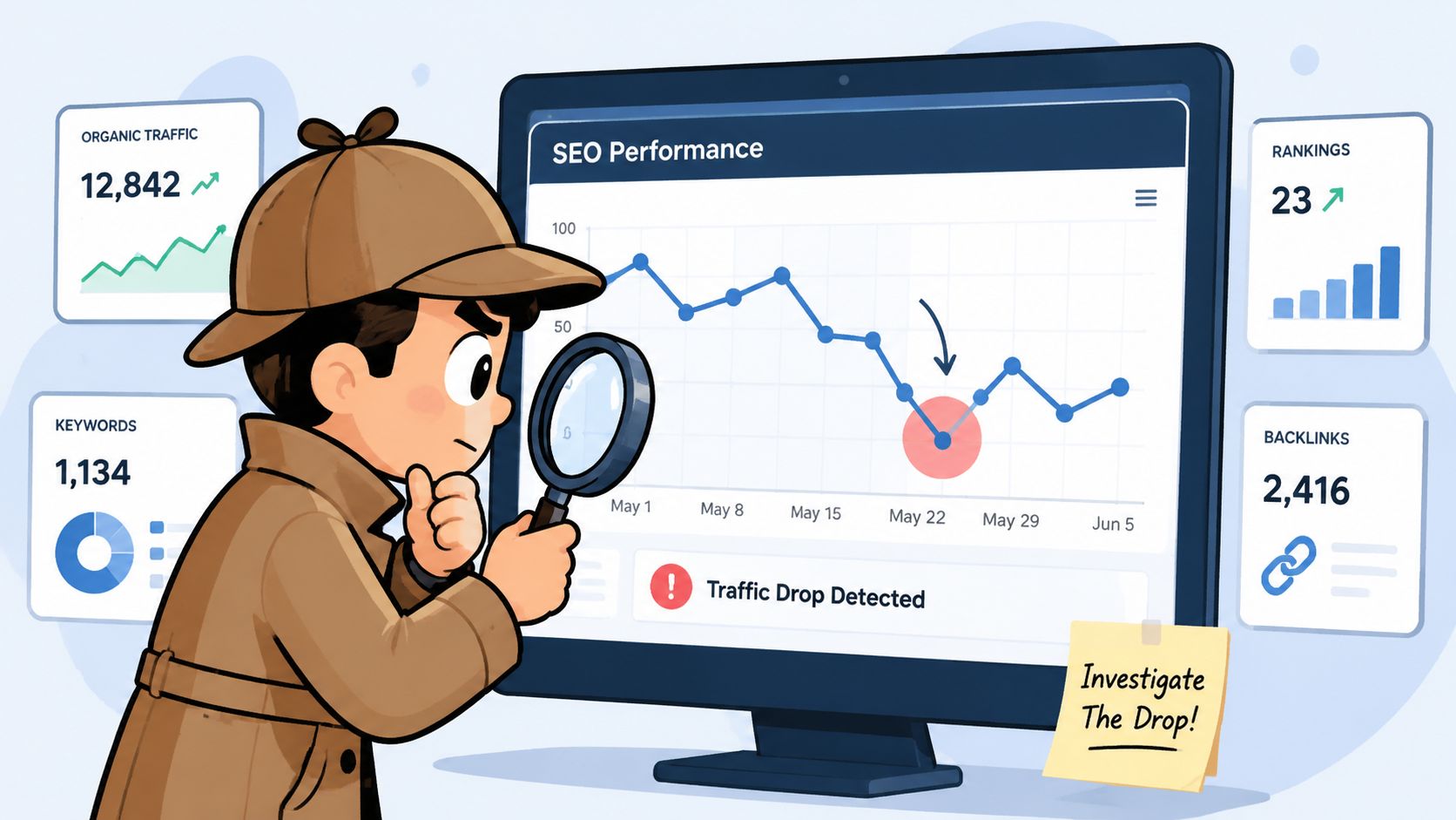 A detective character analyzing a computer screen displaying an SEO performance chart with a traffic drop alert.