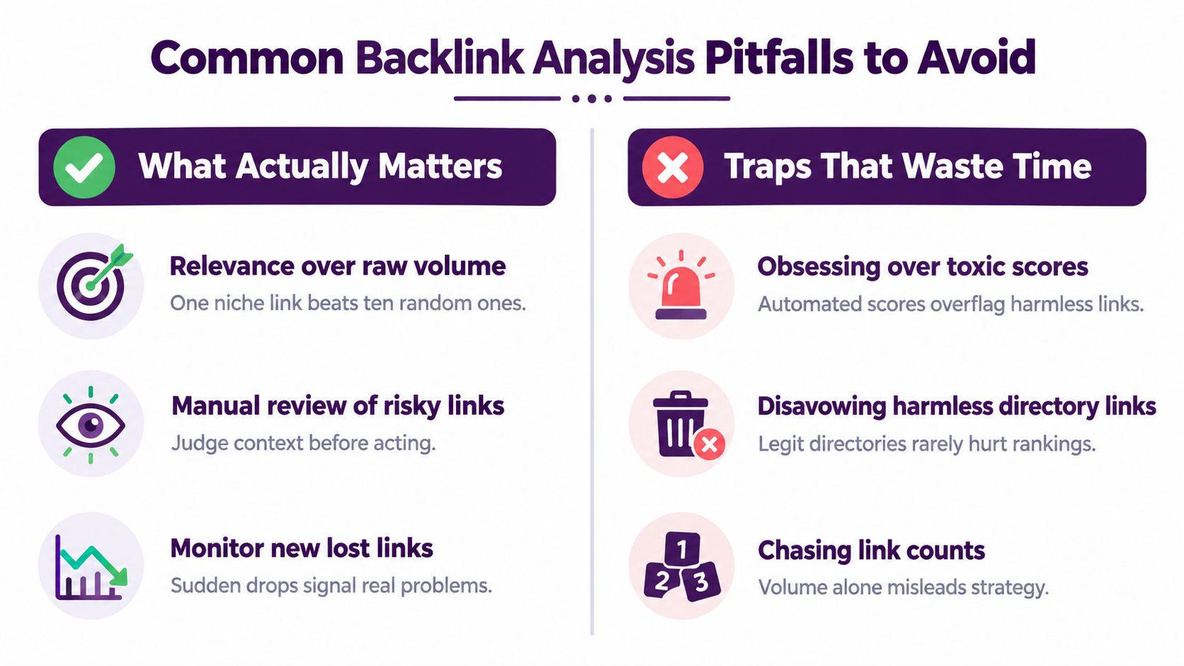 A comparison chart showing what matters in backlink analysis versus common pitfalls to avoid during SEO.