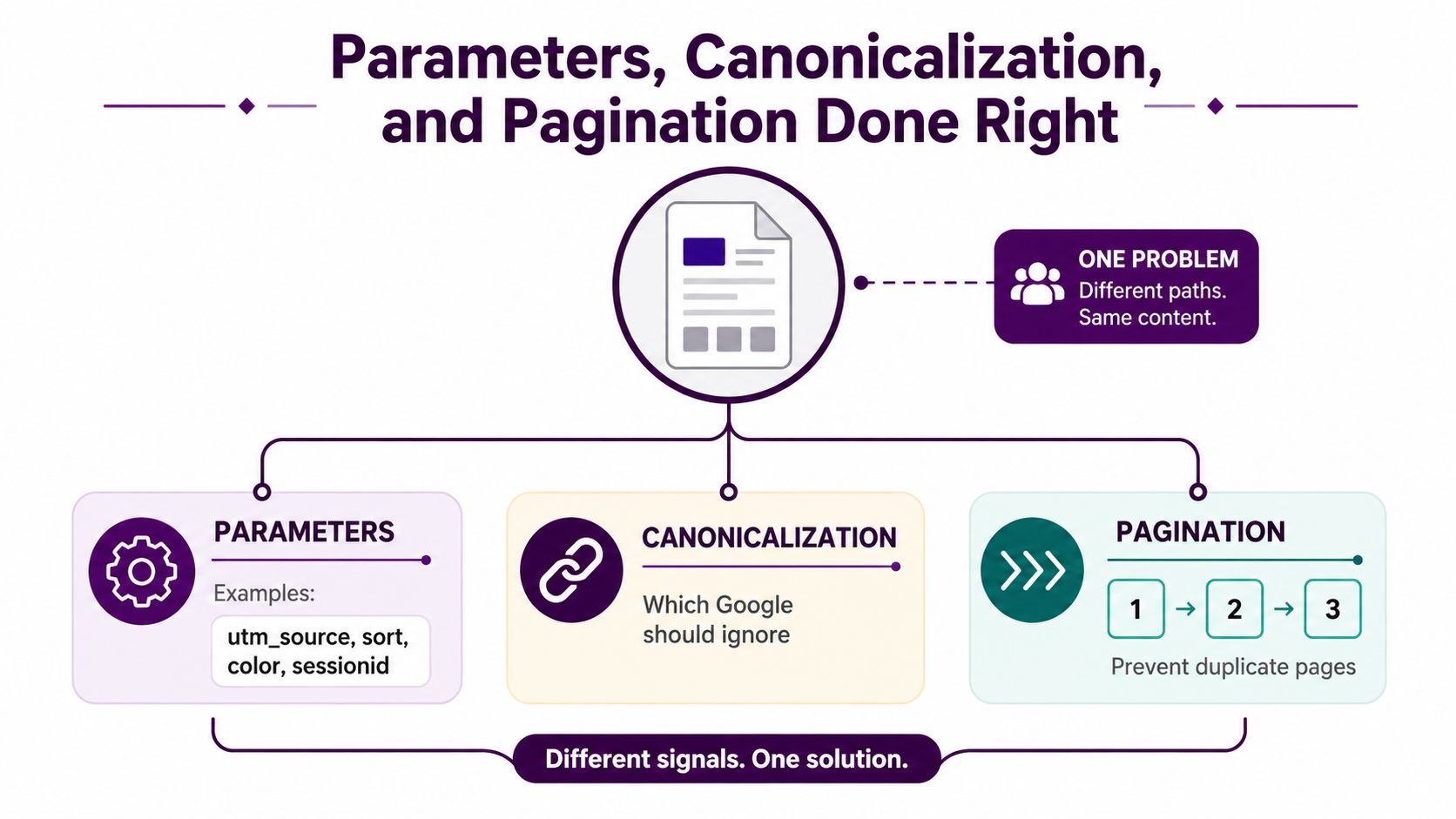 An infographic illustrating SEO strategies for managing URL parameters, canonicalization, and pagination to improve website search performance.