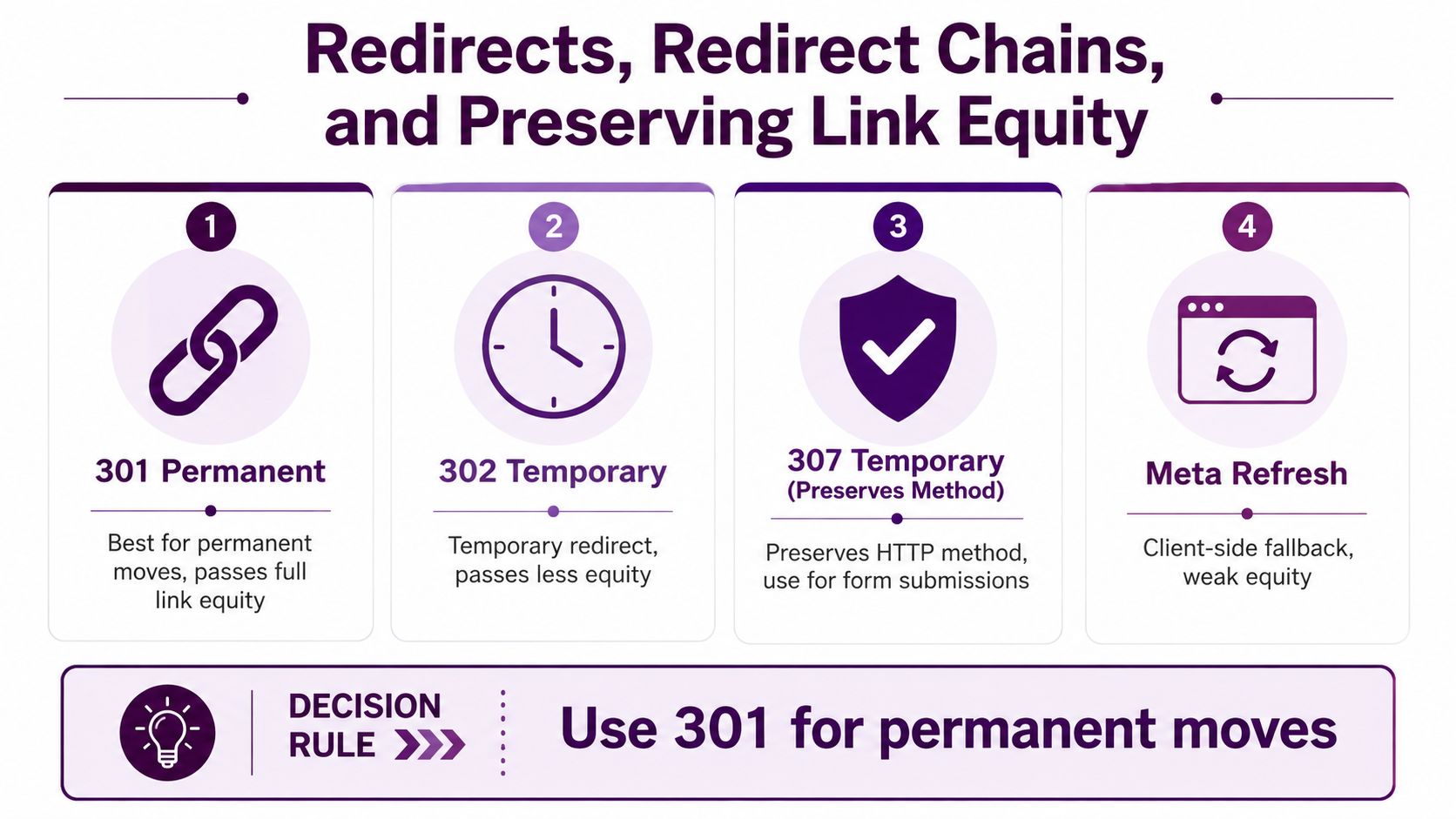 An infographic detailing different types of website redirects, including 301, 302, 307, and meta refresh tags.