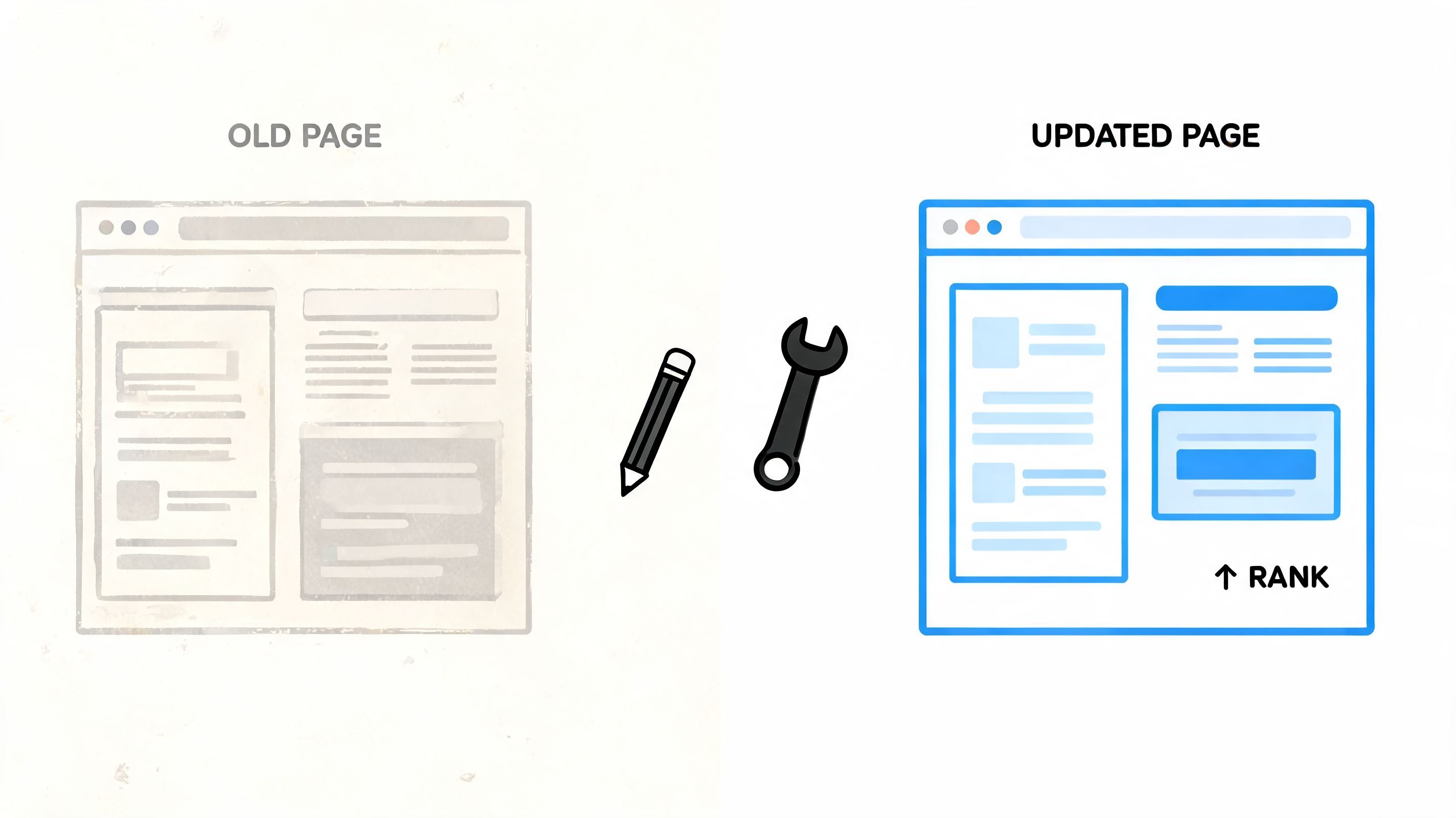 A graphic illustration comparing an outdated website page layout with an optimized, higher-ranking modern web page design.