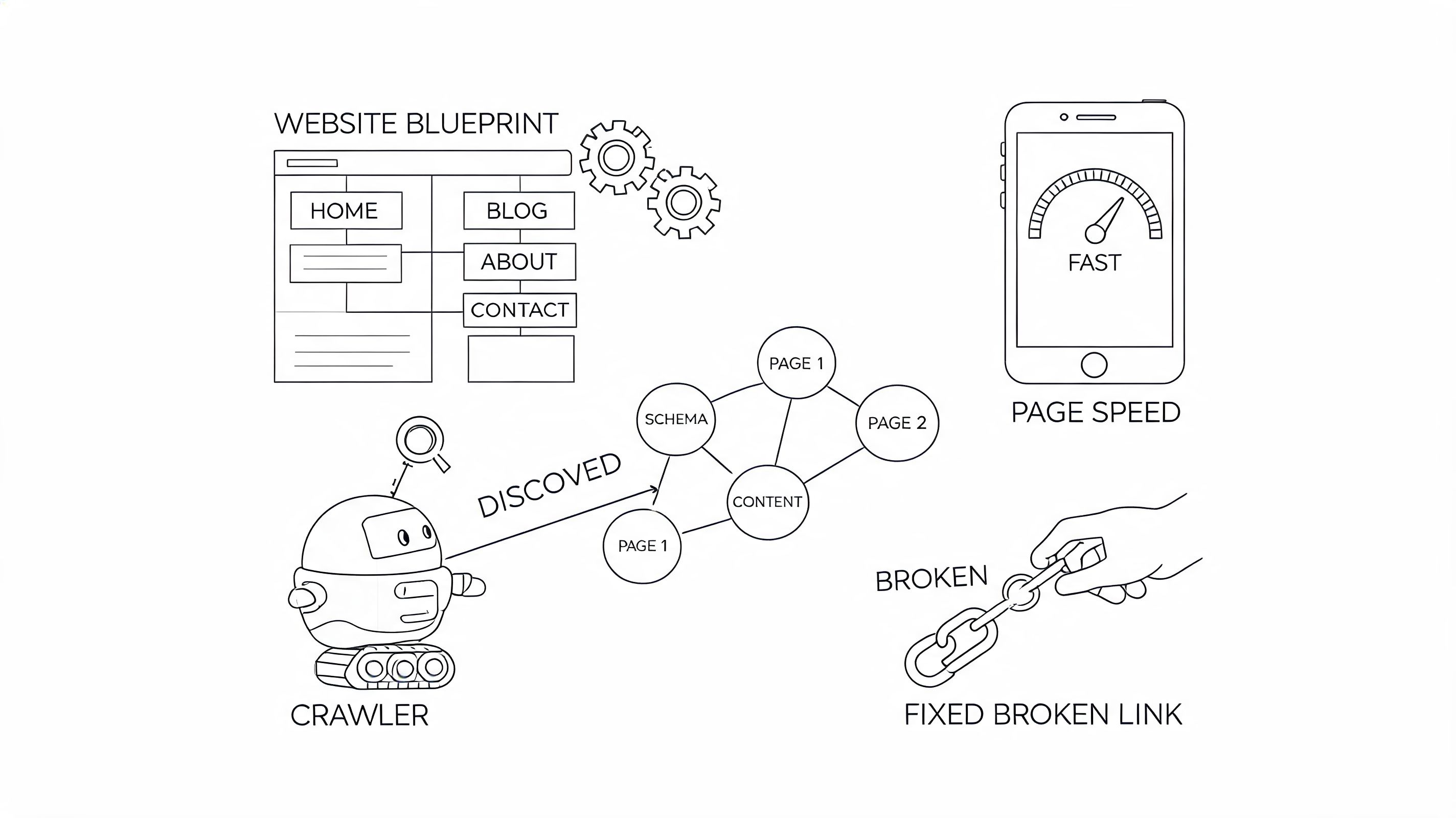 An infographic showing website optimization components like structure, site speed, search engine crawlers, and broken links.