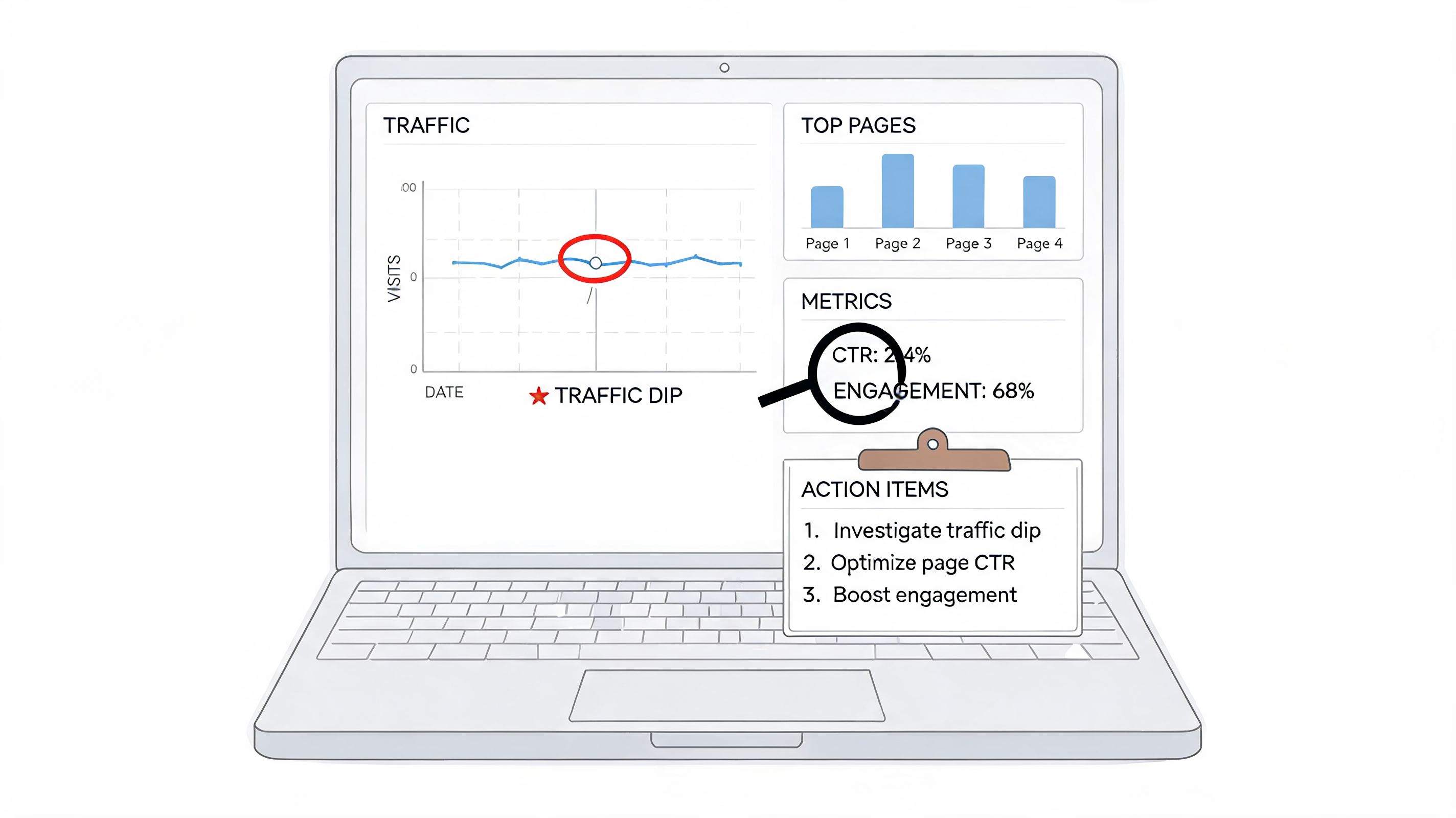 A laptop screen showing a traffic analytics dashboard with a data dip and actionable SEO improvement tasks.
