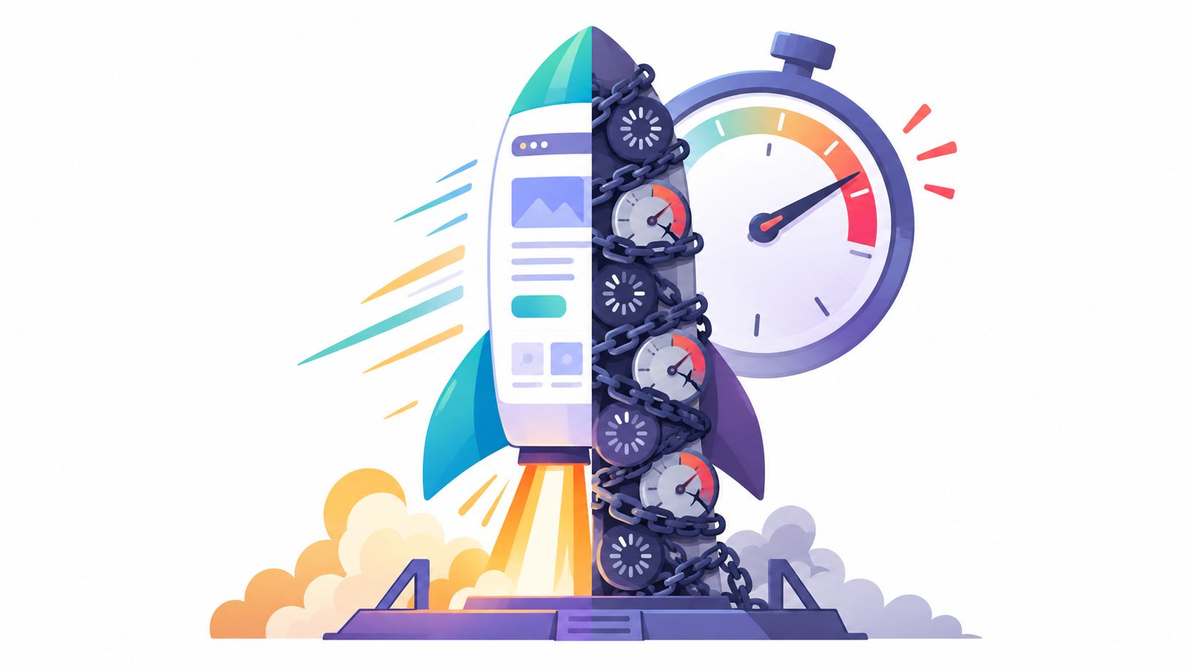 A split illustration showing a website landing page rocket on one side and a slow speed gauge