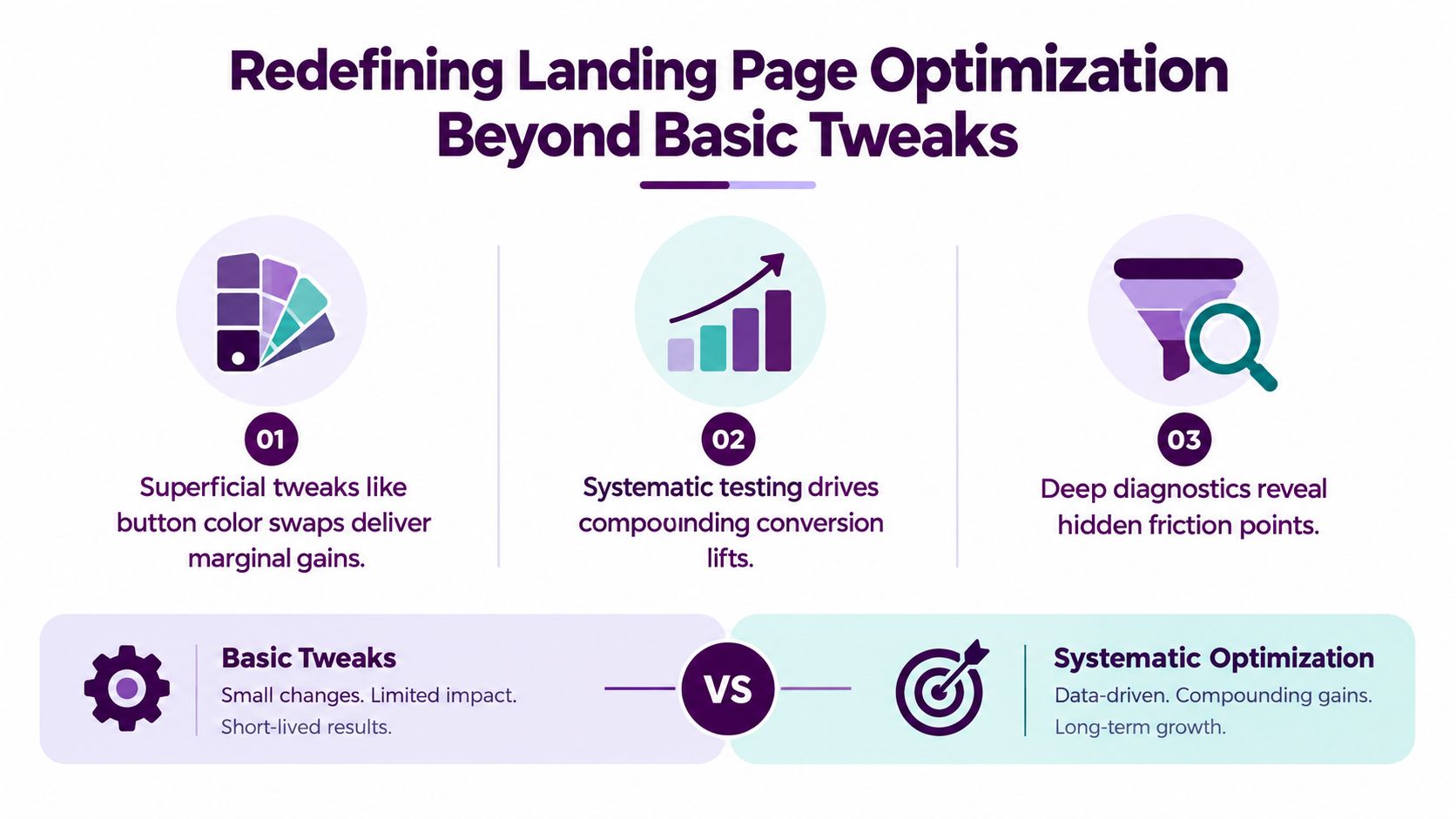 An infographic comparing basic landing page tweaks to systematic optimization strategies for long-term marketing growth.