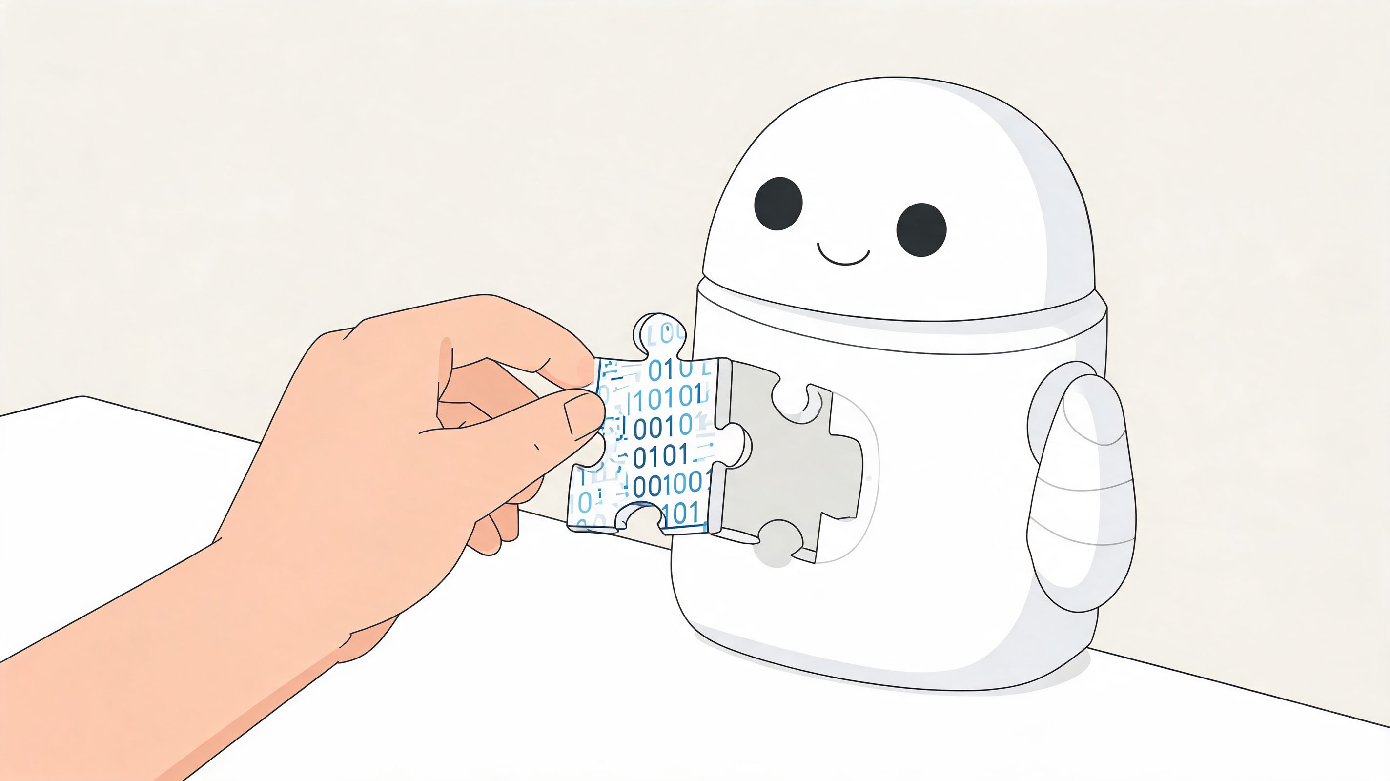 Une main plaçant une pièce de puzzle de code binaire dans la poitrine d'un robot dessin animé mignon et amical.