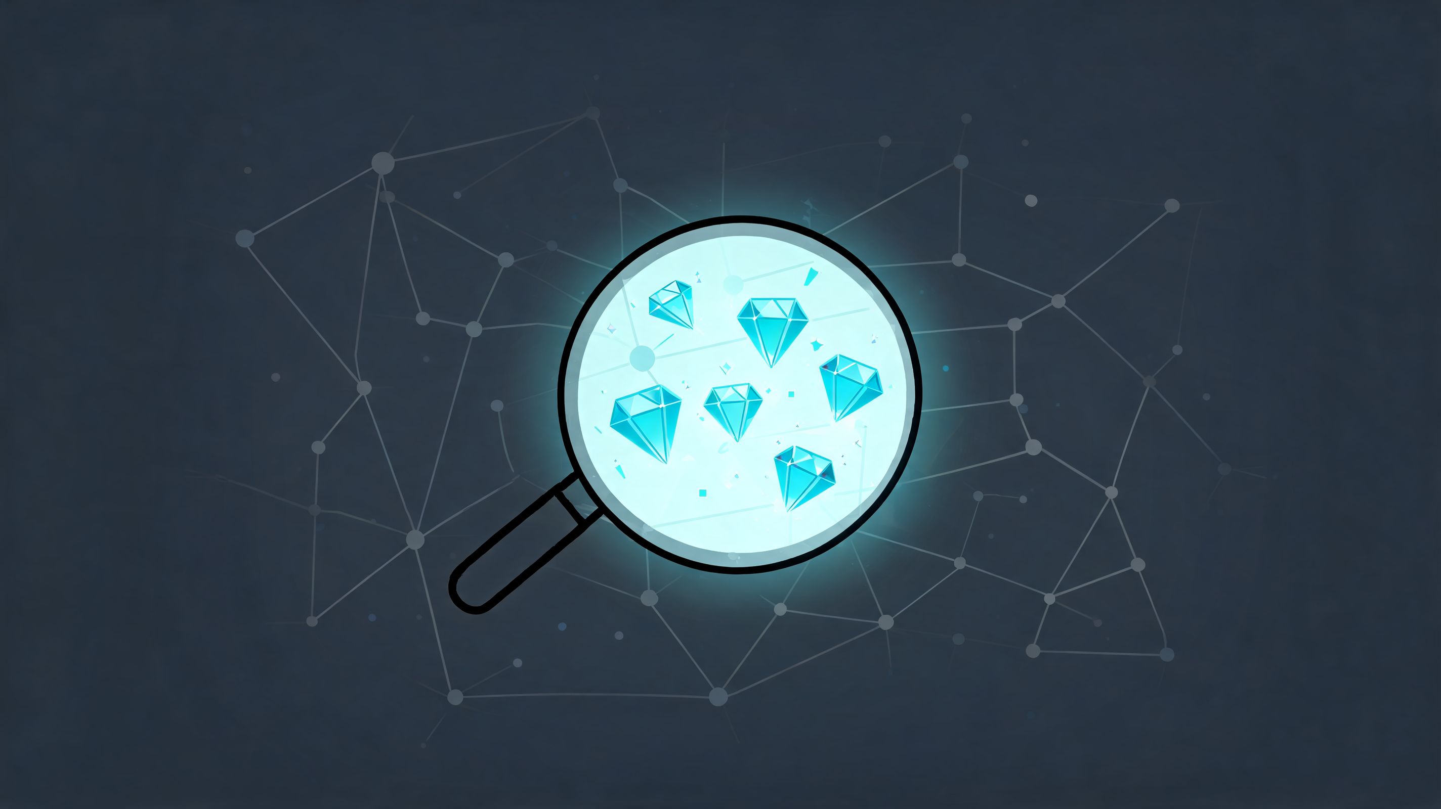 Une loupe brillante mettant en évidence des illustrations de diamants bleus sur un fond réseau connecté gris foncé.