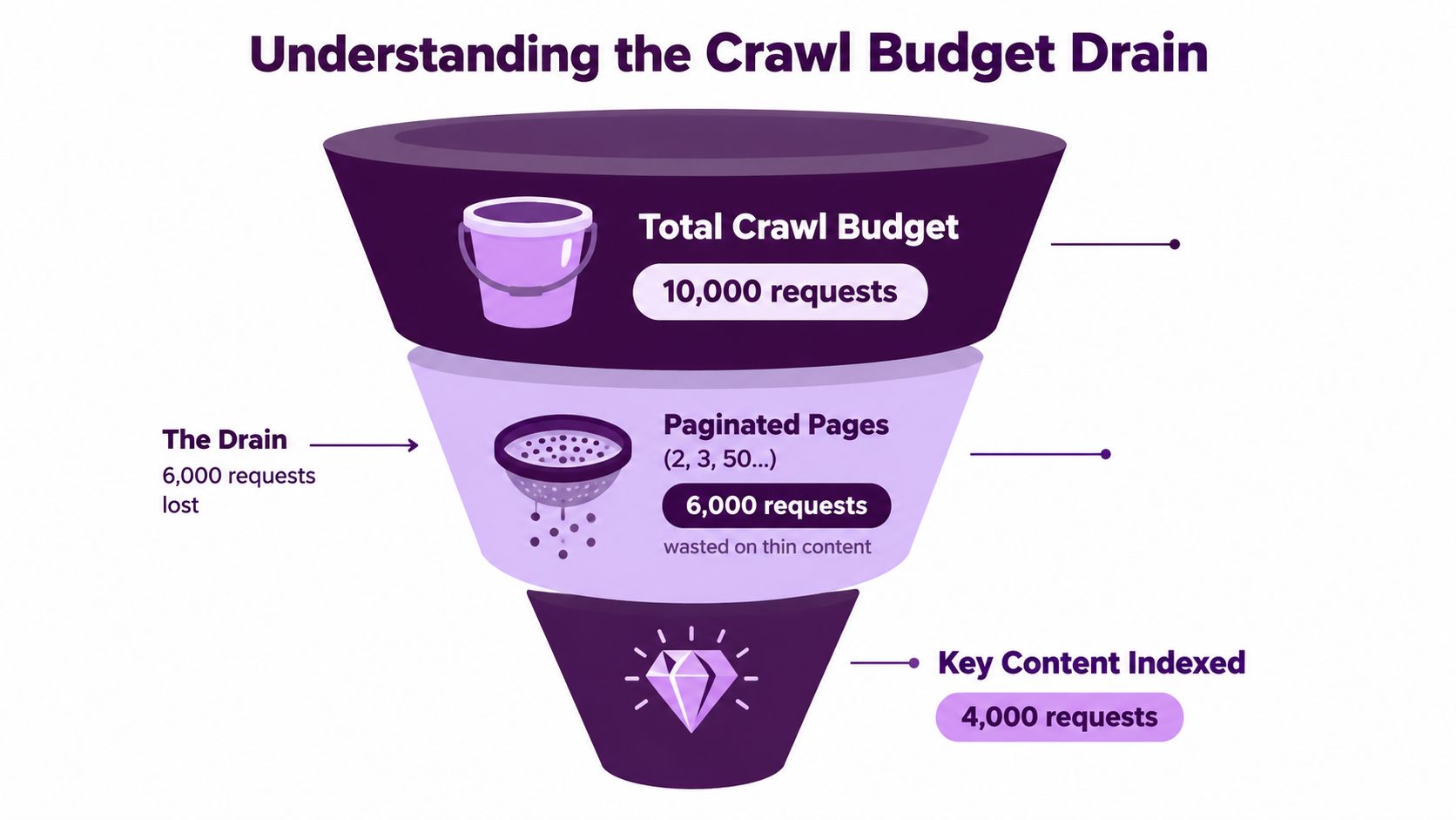 A funnel diagram explaining crawl budget, showing how paginated pages waste 6,000 requests, leaving 4,000 for indexing.