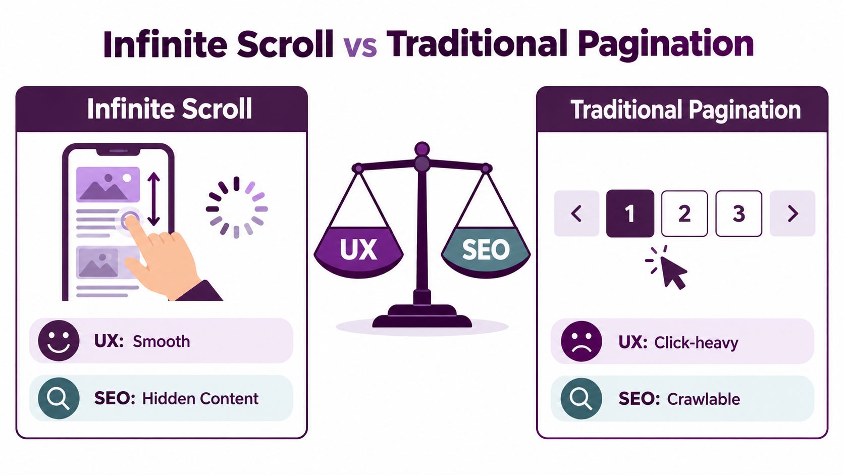 A comparison infographic showing the trade-offs between infinite scrolling and traditional page-based navigation for user experience and SEO.