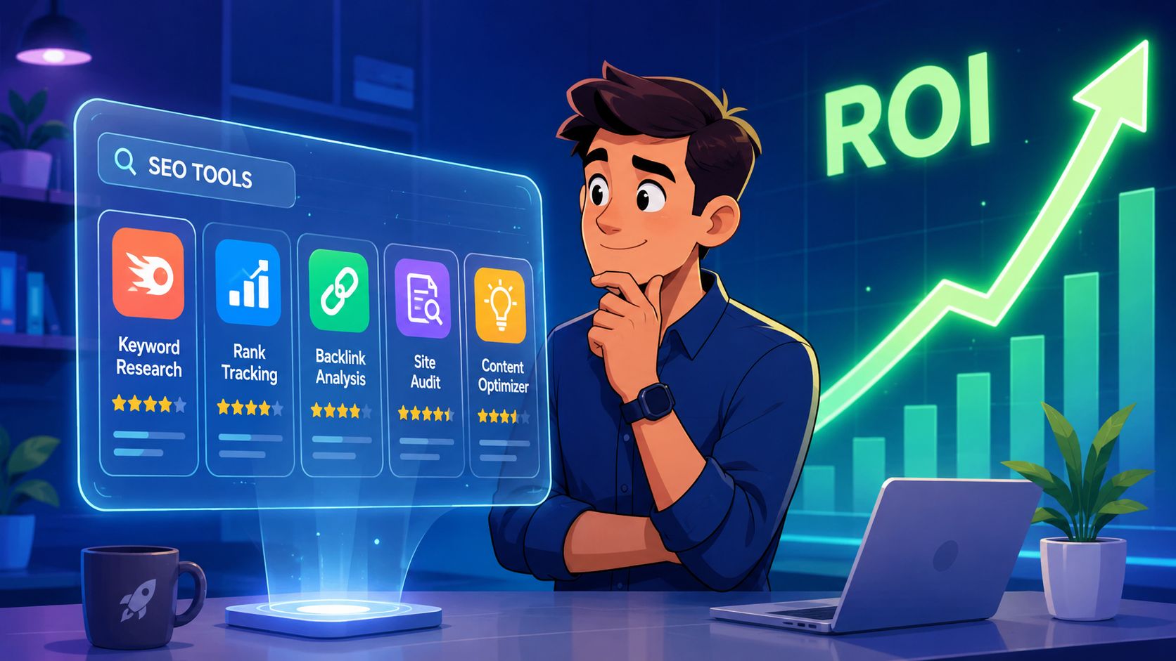A professional analyzing SEO tools via a digital interface to boost business return on investment.