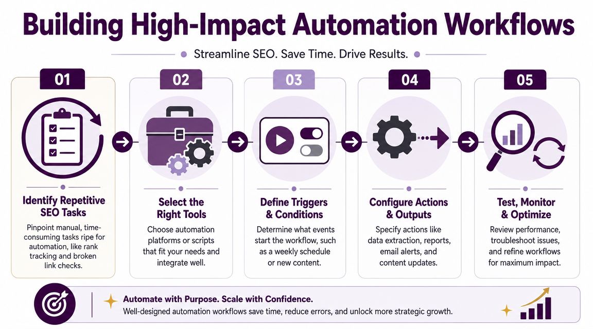 A five-step infographic showing how to build high-impact automation workflows for effective search engine optimization.
