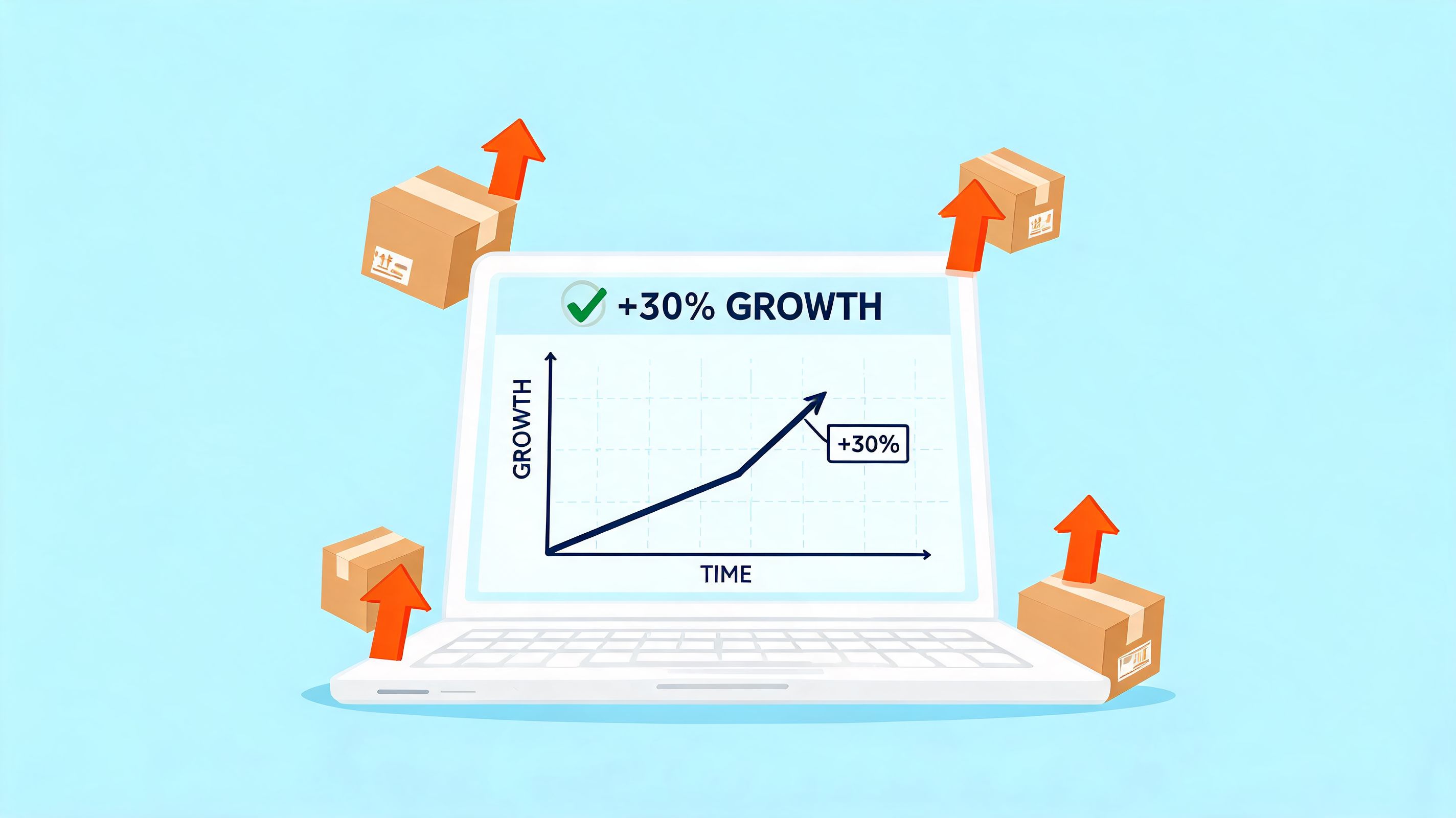 A laptop screen displaying a chart showing thirty percent growth with shipping boxes floating around it.