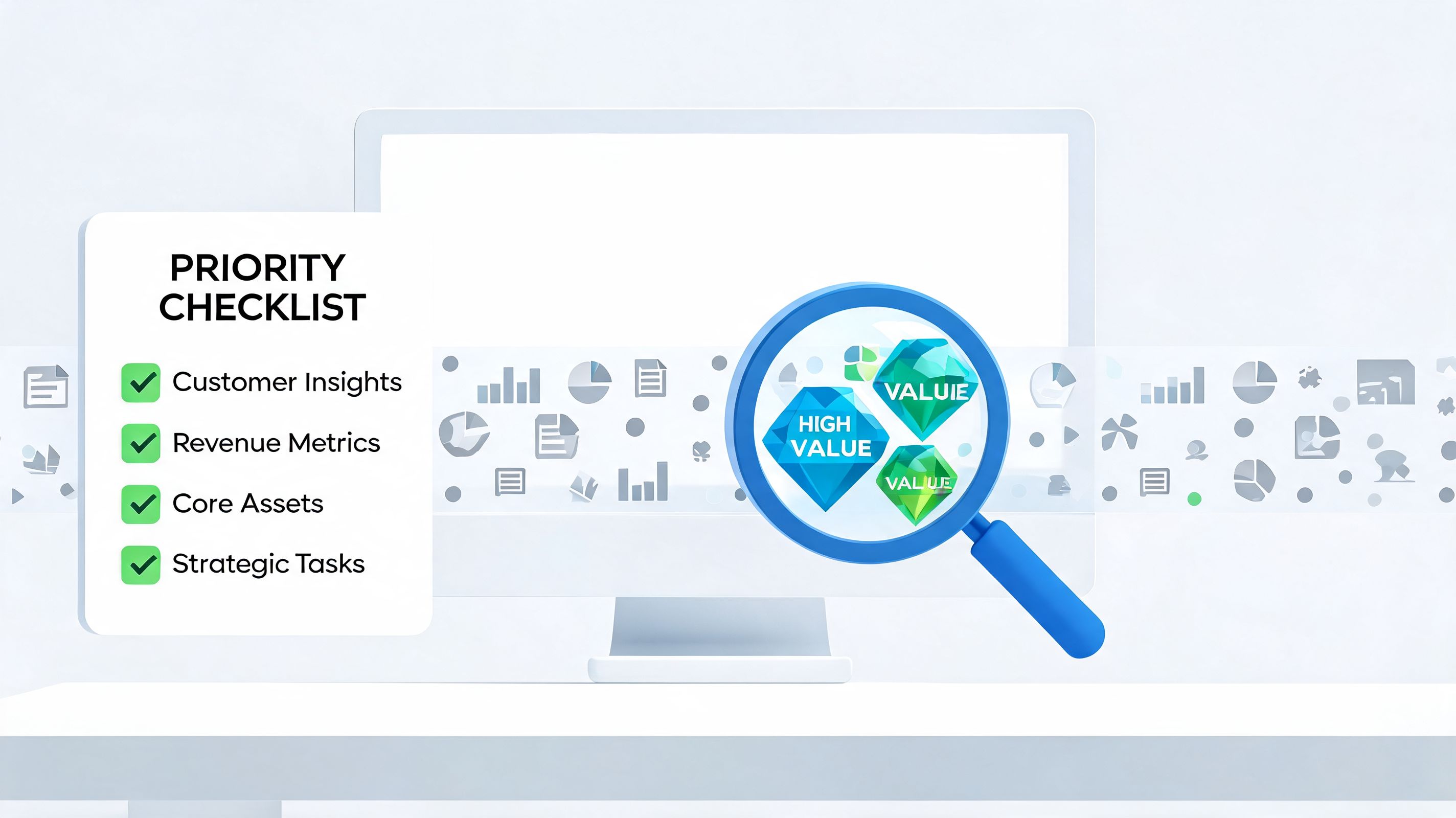 A digital priority checklist featuring high value business icons viewed through a magnifying glass on a screen.