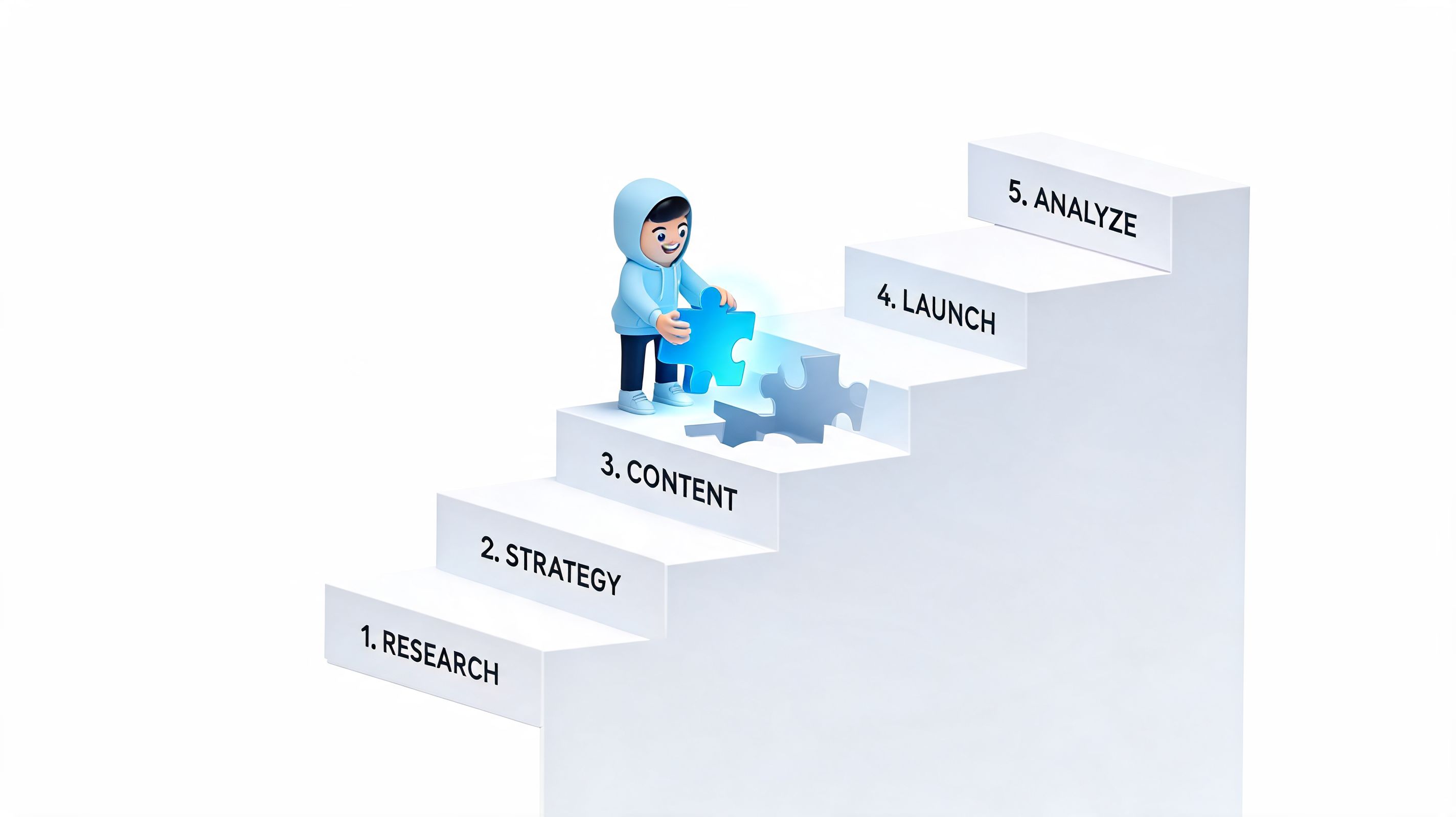 A 3D character placing a puzzle piece on a staircase labeled with five steps of marketing processes.