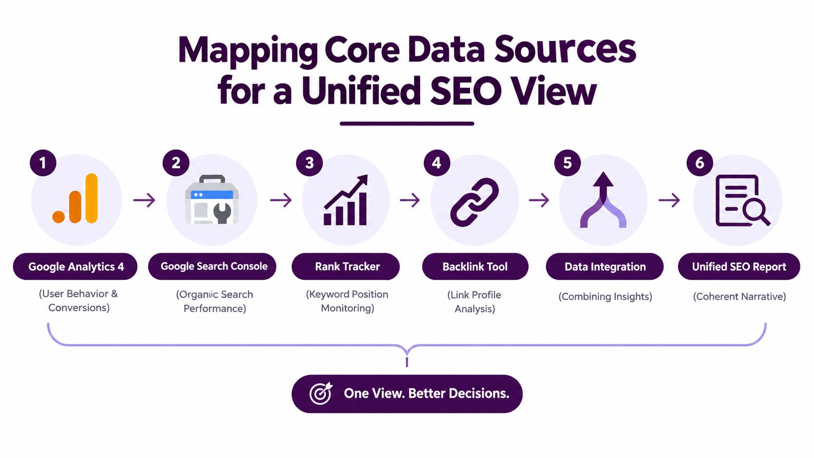 A diagram illustrating the six steps to mapping core data sources for a unified SEO strategy report.
