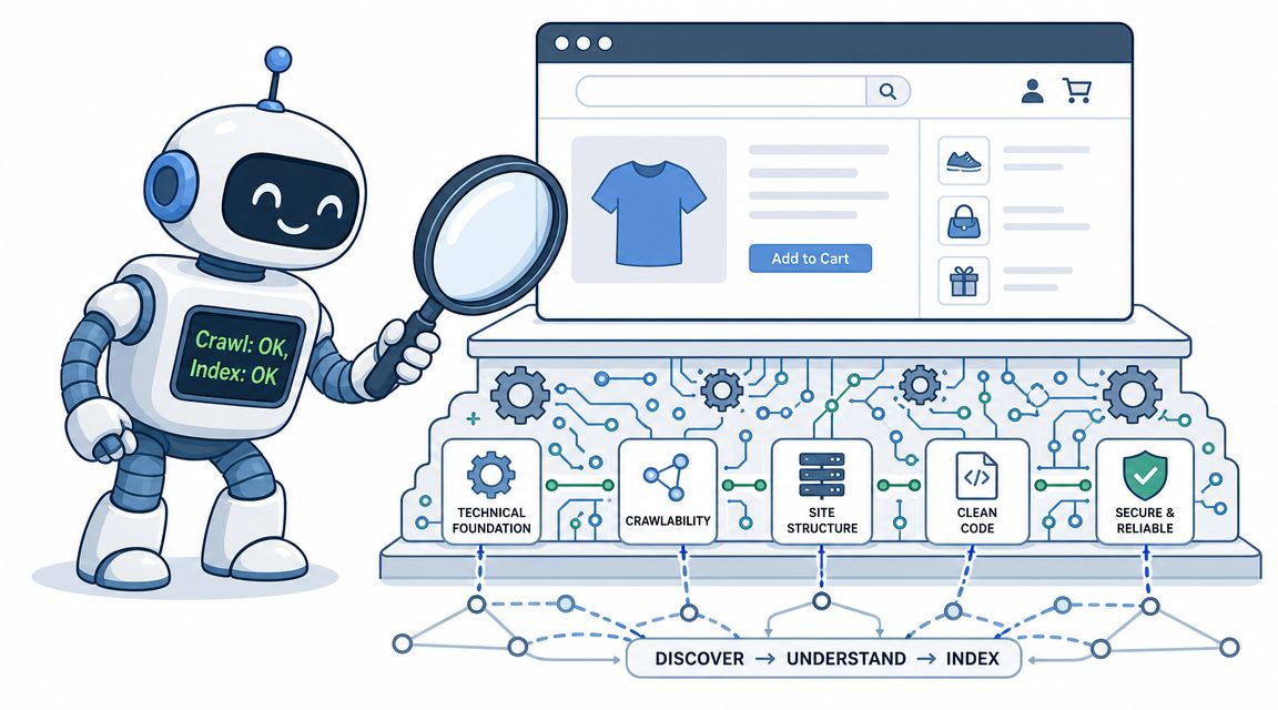 A friendly robot examining a website interface highlighting essential technical ecommerce SEO elements like structure and security.