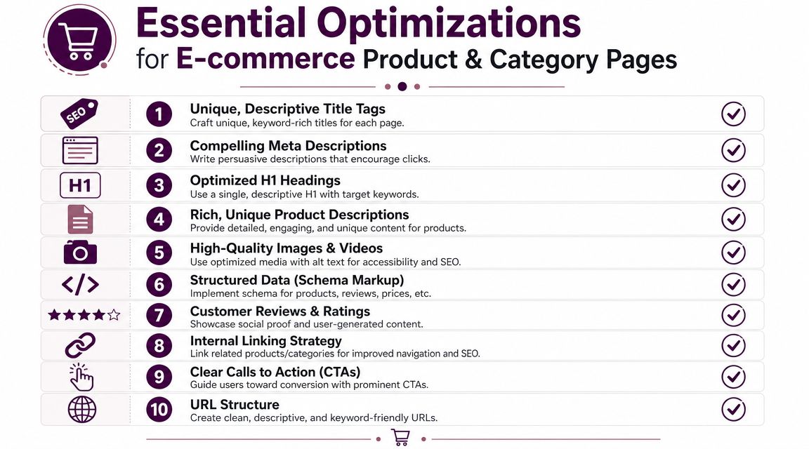 An infographic titled Essential Optimizations for E-commerce Product and Category Pages listing ten key SEO strategies.