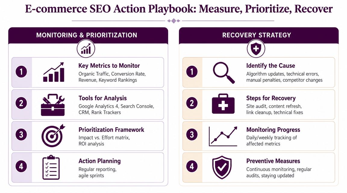 A strategic infographic outlining a four-step framework for e-commerce SEO monitoring, prioritization, and recovery processes.